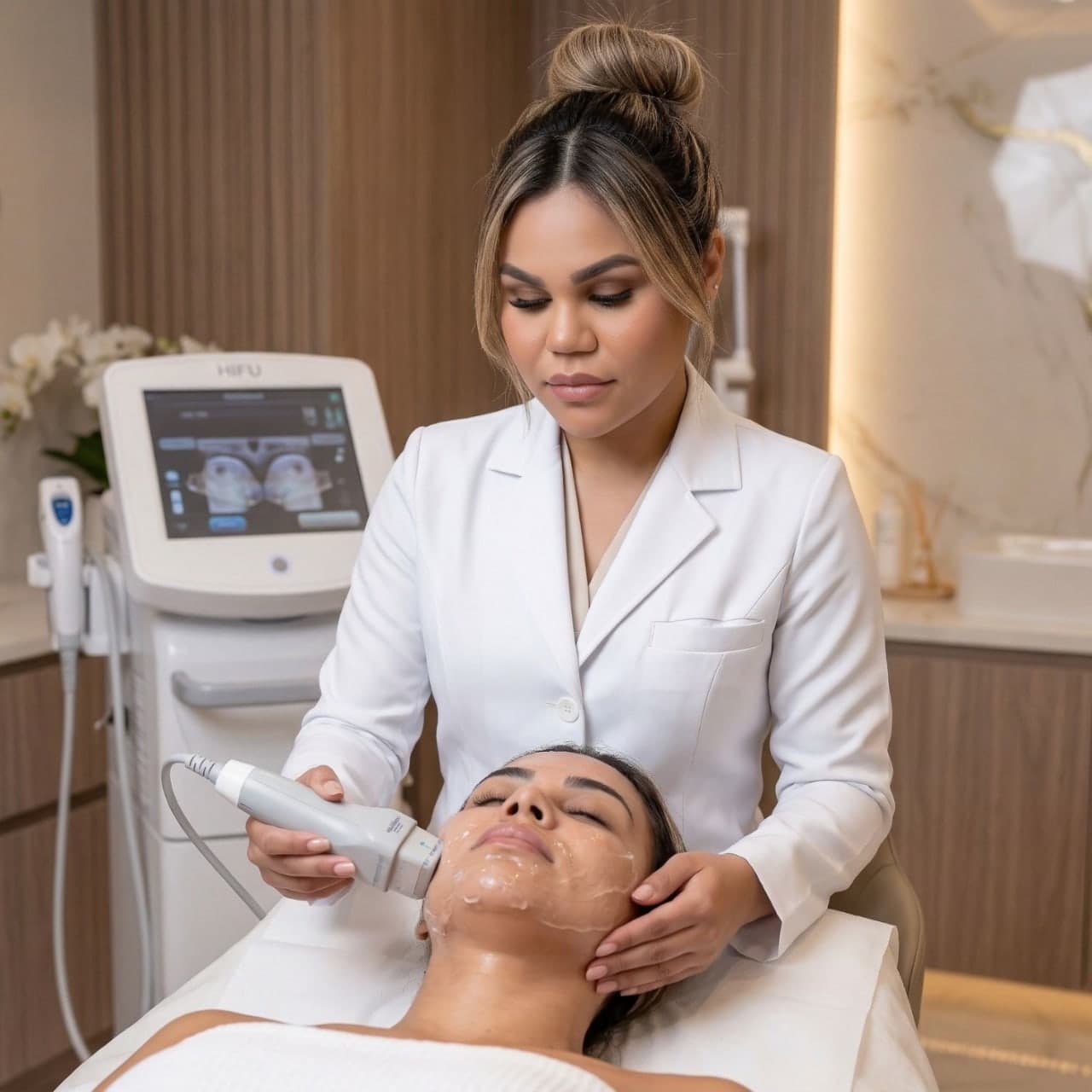 Dra. Pamela Moquete realizando tratamiento HIFU facial en Med Luxe