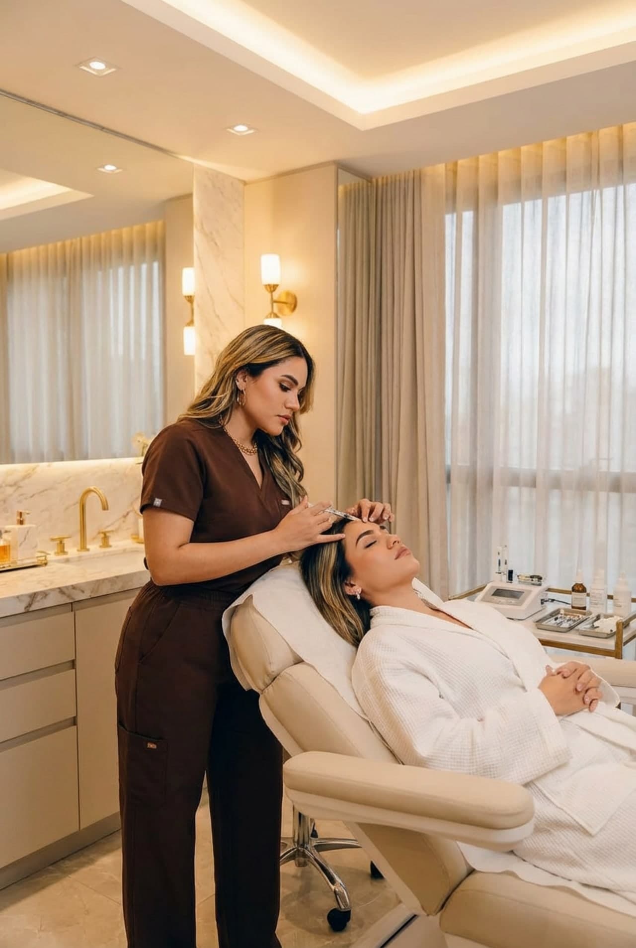 Dra. Pamela Moquete realizando tratamiento estético a paciente en Med Luxe